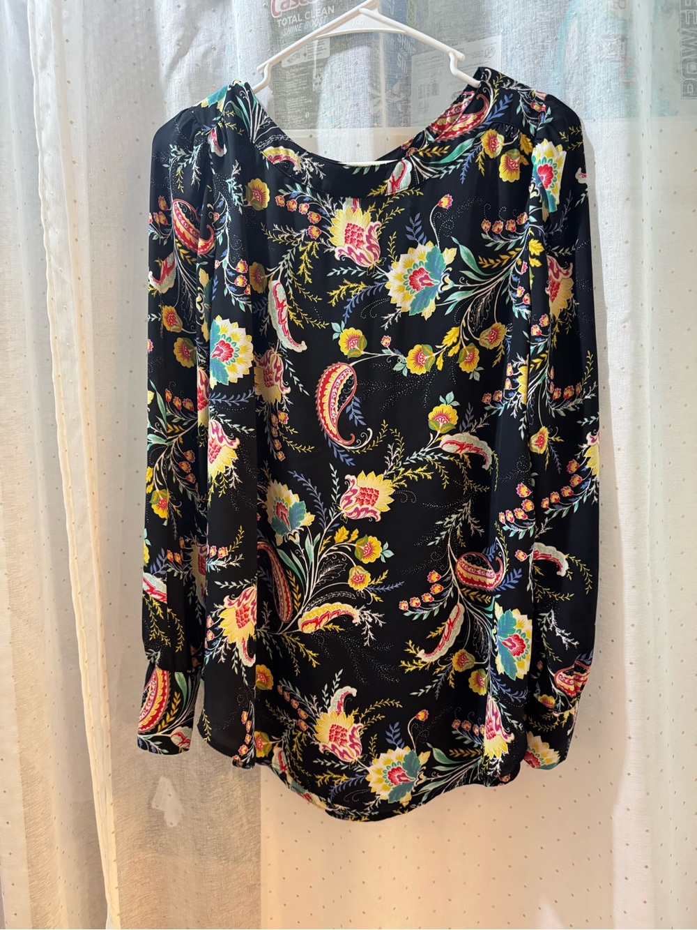 LOFT Black Floral Paisley Long-Sleeve Blouse